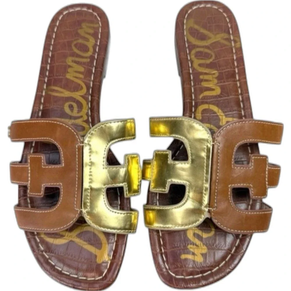 Sam Edelman Bay Leather Logo Slide Sandals Brown Gold Womens Size 7 Coastal